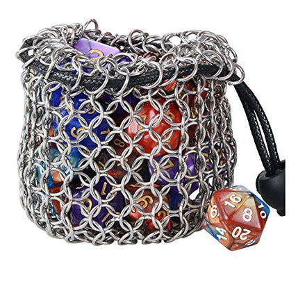 YOUSHARES Drawstring Game Dice Bag - Stainless Steel Chainmail DND Dice Pouch for Metal Polyhedral D&D Dice Set, Coin - color: Silver