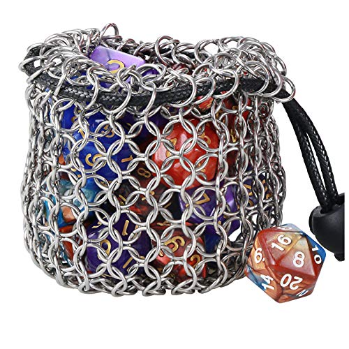 YOUSHARES Drawstring Game Dice Bag - Stainless Steel Chainmail DND Dice Pouch for Metal Polyhedral D&D Dice Set, Coin - color: Silver