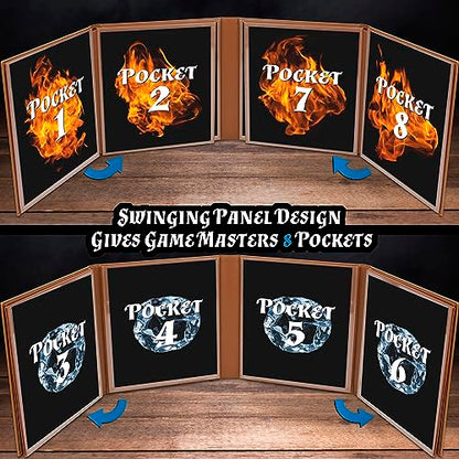 CASEMATIX DM Screen Faux Leather 8-Panel Deluxe GM Screen - Eight Panel Folding Game Master Screen with 2 Swinging Panels and Wet Erase Pockets for TTRPGs, Inserts Not Included, Brown - color: Brown