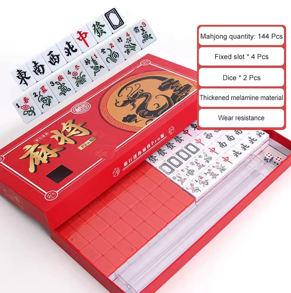 Red Mini Mahjong Set 麻将 Waterproof Mahjong Portable Mini Mahjong Internet Celebrity Creative Portable Outdoor Travel Mahjong with gife Box Carrying Travel Dragon Case,Mahjong Tile Game,2 Dice 4 Racks