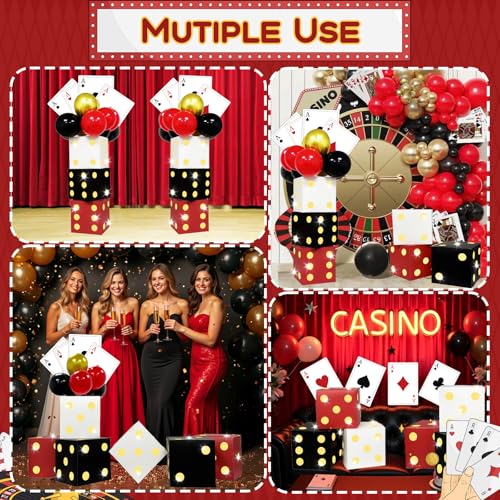 AerWo 81 Pcs Large Dice Boxes Casino Theme Party Decorations with Balloons & Jumbo Poker Cards, 11 inch Giant Dice Box with String Lights for Las Vegas Game Night Party Backdrop Red Black Golden