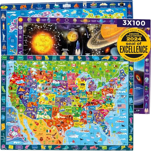 QUOKKA 100 Piece Puzzles for Kids Ages 4-6 - 3 Jigsaw Kids Puzzles Ages 6-8 - Learning Map of the United States World Space - Toddler Educational Games for 5-8 Year - Toys for 8-10-12 Year Old - color: 100 Pieces