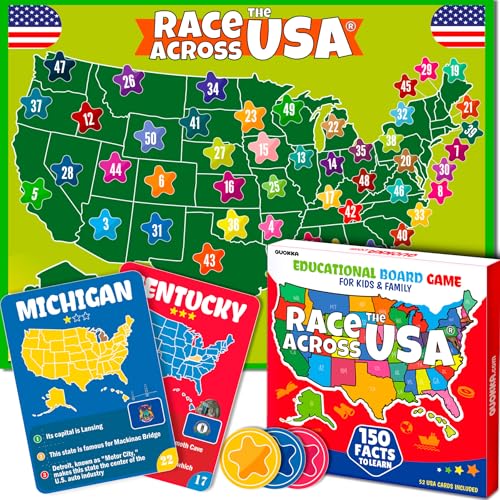 QUOKKA States of America Board Game for Kids Ages 8-12 and Families – Learn US States, Capitals, Landmarks & Fun Facts – Trivia Game with 50 Cards & Map Board – Educational Game for Classrooms or Home - color: 6. Usa Board Game