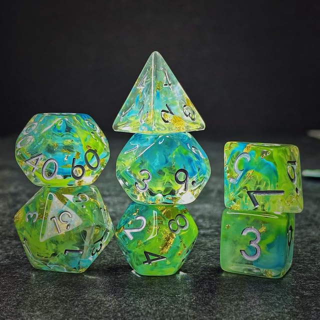 Sage’s Portal Cantrips DND Dice Set - Round Edge Resin 7-PC Polyhedral DND Dice Set for Dungeons and Dragons D&D RPG Tabletop TTRPG (Green/Blue Swirl) - color: Green/Blue Swirl