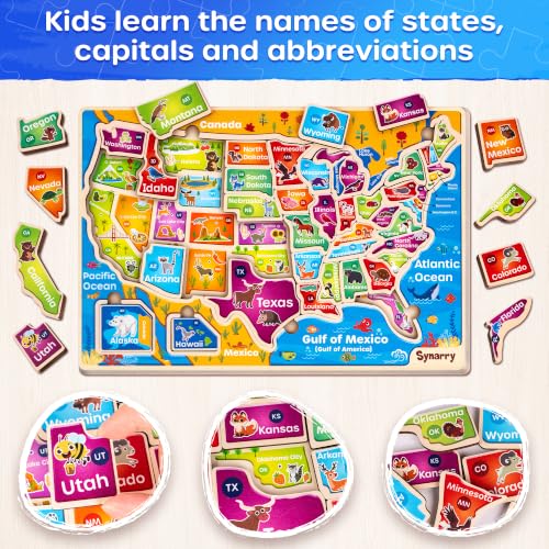 SYNARRY Large USA World Wooden Puzzles for Kids Ages 4-6, Learning United States World Maps Puzles for Kids Ages 6-8, Wood Jigsaw Puzzles Educational Games Toys Gifts for Boys Girls Ages 3-8 - style: USA World Map