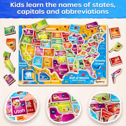 SYNARRY Large USA World Wooden Puzzles for Kids Ages 4-6, Learning United States World Maps Puzles for Kids Ages 6-8, Wood Jigsaw Puzzles Educational Games Toys Gifts for Boys Girls Ages 3-8 - style: USA World Map