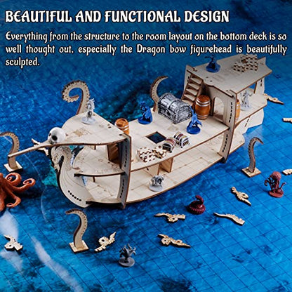 CZYY DND Ship Miniature, 3-Level Wooden Naval Battle Terrain Map | Build Boarding, Pirate & Sea-Monster Encounters, Approx. 23.4 in Long, 1 in Grid, For D&D, Pathfinder & Tabletop RPG