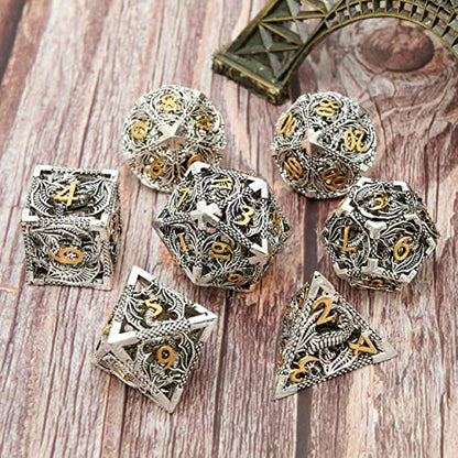 DND Dice Set Metal Dice Dungeons and Dragons Dice Gift Polyhedral Dice Set Role Playing Dice D20 Hollow Polyhedral Dice Set for Dungeons and Dragons RPG MTG Table Games - color: Ancient Silver and Gold