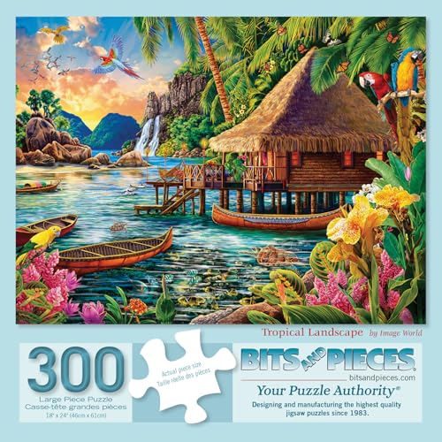 Bits and Pieces 300 Piece Puzzles for Adults 300 Large Pieces 18" x 24" Jigsaw Puzzles, Tiki Hut Polynesian Lagoon, Random Die Cut, No 2 Pieces Alike, Tropical Landscape - size: 300 Piece Puzzle