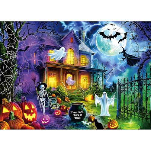 1000 Piece Halloween Haunted House Puzzles for Adults, Trick or Treat Ghost Skeleton Pumpkin Jigsaw Puzzles, Fall Spooky Halloween Puzzle Games Family Decor Gifts, 27.5" X 19.7" - color: Haunted House Puzzles, size: (27"X19")