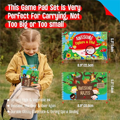 SpriteGru 2 Travel Game Pads, 60 Dry Erase Activities Games Reusable & Erasable Book, Fun Brain Challenge Games Interesting Educational Toy and Learning Tool for Road Trip Airplane Travel - style: Maze & Find