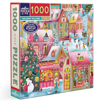 eeBoo Holiday Village 1000 Piece Square Jigsaw Puzzle, 23" x 23" | Double coated, sturdy & dust free pieces with a satisfying snap. Includes full color reference insert. Vibrant, original art - style: Holiday Village piece Puzzle
