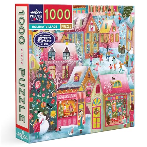 eeBoo Holiday Village 1000 Piece Square Jigsaw Puzzle, 23" x 23" | Double coated, sturdy & dust free pieces with a satisfying snap. Includes full color reference insert. Vibrant, original art - style: Holiday Village piece Puzzle