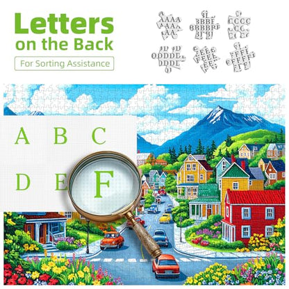 MINIWAN 1000 Piece Colorful Coastal Town Lighthouse Mountain Puzzle | Adults & Seniors, 27.5"x19.7", Letters on Back, Reference Poster - color: Colorful Mountain Town