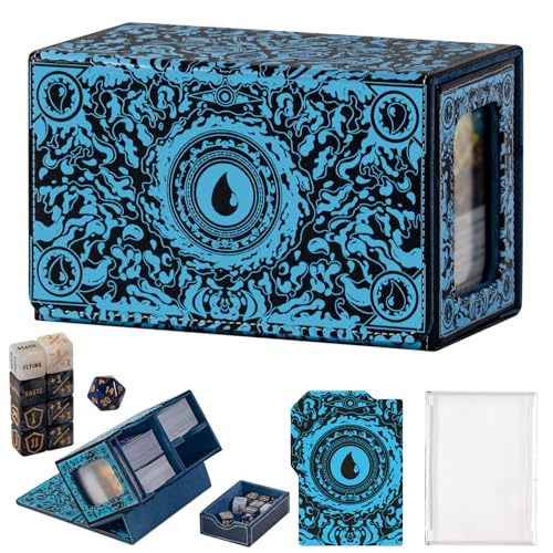 MTG Commander Deck Box with Dice Tray Card Deck Box Fits 160 Double Sleeved /200 Single Sleeved trading Cards, TCG deck box with 6 DICE 1Acrylic Dividers 1 Card Holder (Water) - color: Water