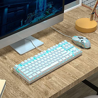 MageGee Mechanical Gaming Keyboard with Blue Switch, Compact 87 Keys Wired Computer Keyboard for Windows Laptop PC Gamer, LED Ice Blue Backlit, White - color: White/Blue Switch