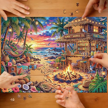1000 Piece Beach Puzzles for Adults | Seaside Bar Puzzles for Adults 1000 Pieces, Vacation Jigsaw Puzzle, Impossible Hard Fun Challenging Beach Bar Adult Puzzles - color: Sunset Beach