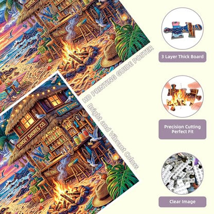 1000 Piece Beach Puzzles for Adults | Seaside Bar Puzzles for Adults 1000 Pieces, Vacation Jigsaw Puzzle, Impossible Hard Fun Challenging Beach Bar Adult Puzzles - color: Sunset Beach