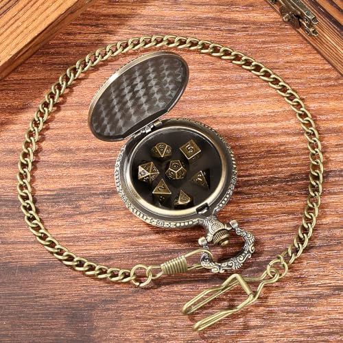 Mini DND Dice Set Steampunk Dragon Pocket Watch Shell Case, 7pcs Polyhedral Metal D&D Dice Set, DND Gifts with Gift Box for Men Women, Role Playing Board Games Accessories, Bronze - color: Bronze