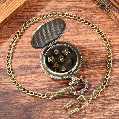 Mini DND Dice Set Steampunk Dragon Pocket Watch Shell Case, 7pcs Polyhedral Metal D&D Dice Set, DND Gifts with Gift Box for Men Women, Role Playing Board Games Accessories, Bronze - color: Bronze