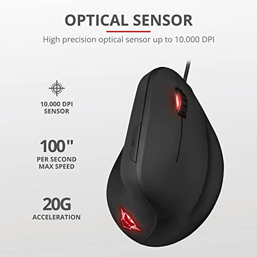 Trust Gaming GXT 144 Rexx Vertical Ergonomic Gaming Mouse, 250-10,000 DPI, 6 Buttons, Black | Ergonomic design prevention against mouse arm / tennis elbow (RSI syndrome), RGB LED lighting, black