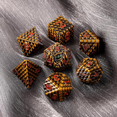 Metal Dice Set D&D,7 PCS Dragon Scale Metallic DND Dice Set,Dragon Eye Metal Dice with Gift Metal Box for Dungeons and Dragon Tabletop Game (Yellow Dragon Scale & Green Eye) - color: Yellow Dragon Scale & Green Eye