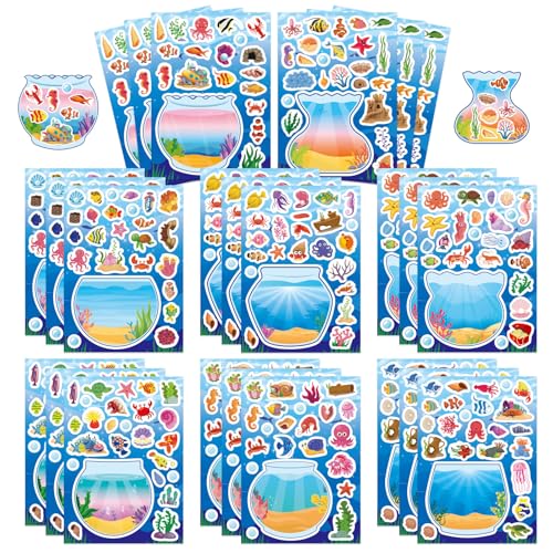 Ocean Animal Stickers, Make Your Own Sea Animal Fish Tank Scene Sticker | Make a Face Sticker Sheets for Kids, Goodie Bags Stuffers, Summer Party Favors Activities - style: Fish Tank
