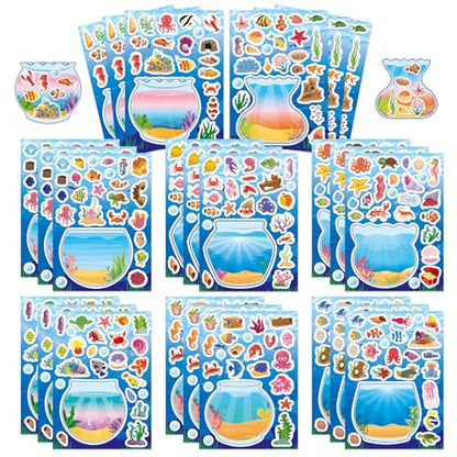 Ocean Animal Stickers, Make Your Own Sea Animal Fish Tank Scene Sticker | Make a Face Sticker Sheets for Kids, Goodie Bags Stuffers, Summer Party Favors Activities - style: Fish Tank