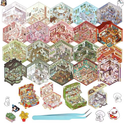 3D House Stickers, 24 Sets DIY Sticker Therapy for Adult Fun Cute Cartoon Stickers Scene Make Your Own Mini Room Scenes Miniature Supermarket for Relief Stress Pass The Time | 24 Sets Scene Make Your Own for MINI Room Scenes Miniature Supermarket for Reli