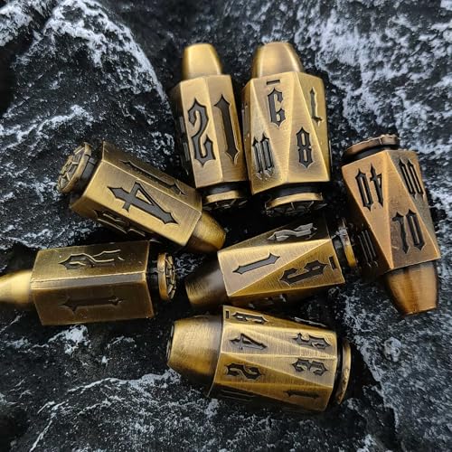 2025 Metal Polyhedral Bullet for DND Dice Set, 7Pcs Metallic D&D Dice with Gift Case for Dungeons and Dragon Game, RPG Role Playing Table Game Gifts (Black-Gold) - color: Black-gold