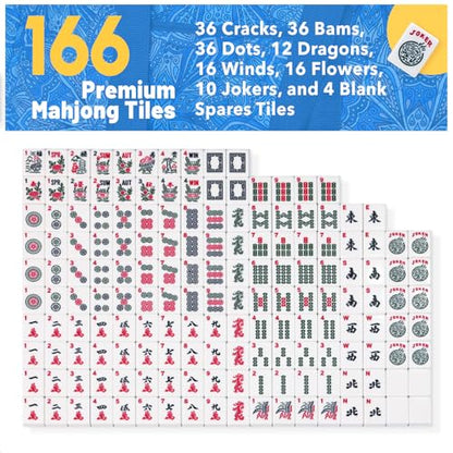 American Mahjong Tile Set with Blue Printed Carrying Bag, 166 Premium Tiles, 4 All-in-One Color Racks/Pushers, Mah Jongg Sets, Mahjong Game Set for Travel, Christmas, Birthday Gifts - color: Blue（blue Tiles）