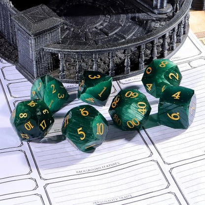 Green Cat's Eye Dice Set, 7-Piece Handcrafted Polyhedral Dice with Gold Engraving, Ideal for D&D, RPG, MTG & Tabletop Games, Gift Box Included (Cat's Eye - Dark Green) - color: Cat's Eye - Dark Green