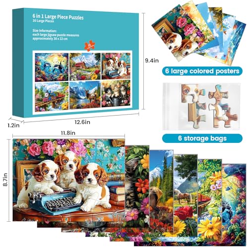 6 Packs 16 Large Piece Puzzle for Seniors,Cat Dog Dementia Jigsaw Puzzles | Dolphin Deer Animal Dementia Puzzles for Elderly Adults,Dementia Alzheimer's Products Activities Memory Cognitive Games - style: 16 Large Pieces