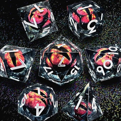 HAOMEJA Resin Dragon Eye DND Dice Set D&D 7 Pcs Resin Sharp Edge Role Playing Dice with Dragon Eye Dice Bag, Polyhedral Dungeons and Dragons Dice D20 D12 D10 D100 D8 D6 D4(Black & Eye Red) - color: 7 Eye Red & Black