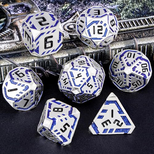 Metal DND Sci-fi Dice Set 7PCS Stripe Polyhedral Dice for Dungeons Dragons RPG Role Playing Game, Glitter D and D Dice with Gift Box D6 D8 D10 D12 D20 (Silver Blue) - color: Silver Blue