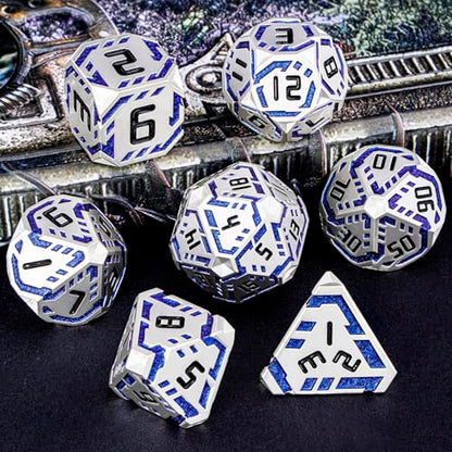 Metal DND Sci-fi Dice Set 7PCS Stripe Polyhedral Dice for Dungeons Dragons RPG Role Playing Game, Glitter D and D Dice with Gift Box D6 D8 D10 D12 D20 (Silver Blue) - color: Silver Blue