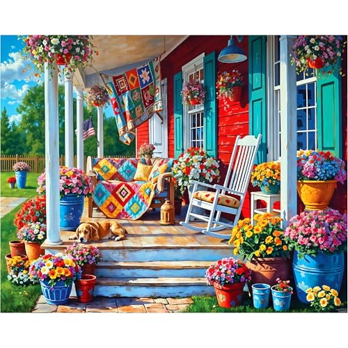 White Mountain 1000 Piece Jigsaw Puzzle Cozy Farm House, Summer Porch | Large Pieces, Gift for Adults and Family, 24"x30" in