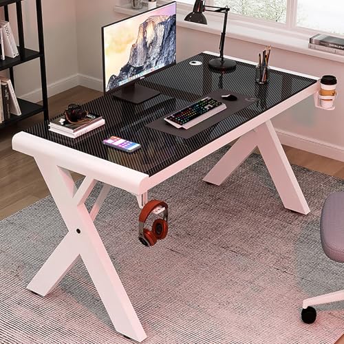 Tempered Glass Computer Desk, Modern Home Office Desk Personal Workstation with X-Shaped Metal Frame, Student Writing Desk Gaming Desk with Cable Management(80cm/31, Black D) - color: Black D, size: 80cm/31"