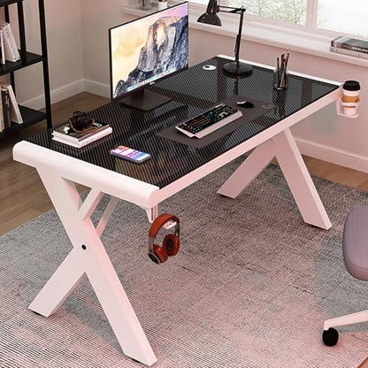 Tempered Glass Computer Desk, Modern Home Office Desk Personal Workstation with X-Shaped Metal Frame, Student Writing Desk Gaming Desk with Cable Management(140cm/55, Black D) - color: Black D, size: 140cm/55"