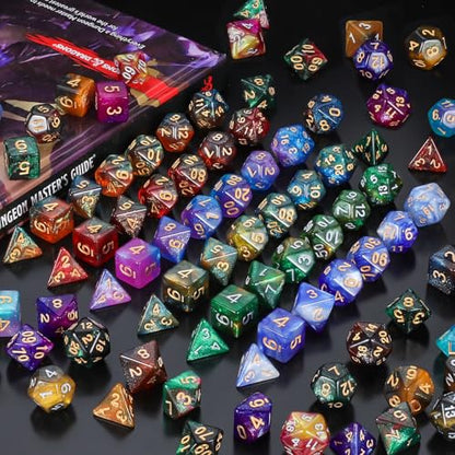 CiaraQ Starry Glitter Polyhedral Dice Set with Drawstring Pouch | 26 acrylic dice sets – 182 pcs total, 7 per set (D4-D20). Lightweight & durable. Great for D&D & tabletop games. Ages 14+. - color: 26 Colors - Starry Sky Style