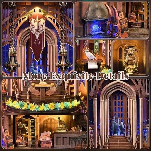 MiniCity Magic Admissions Book Nook Kit, Wooden Miniature House with LED | Open the book-style case to reveal a magic academy; 248-piece LED model includes dust cover, glue/tools and guide, ages 14+. - style: Magic Admissions Guide