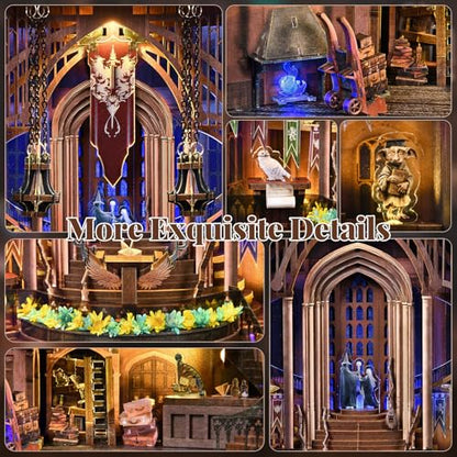 MiniCity Magic Admissions Book Nook Kit, Wooden Miniature House with LED | Open the book-style case to reveal a magic academy; 248-piece LED model includes dust cover, glue/tools and guide, ages 14+. - style: Magic Admissions Guide