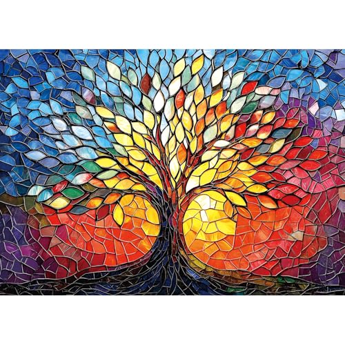 Puzzles for Adults 1000 Pieces Stained Glass Tree of Life Puzzle for Adults Colorful Mosaic Jigsaw Puzzles 1000 Pieces with Letters on Back Hard Impossible Difficult Challenging Family Puzzle - color: Tree of Life, size: (27"X19")