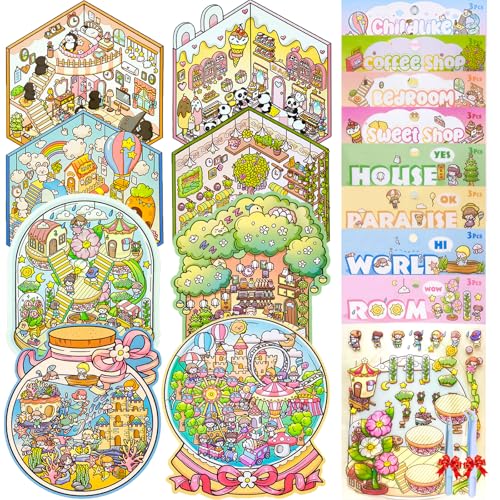 DIY 3D Sticker Scene,8 Sets Pack(500+),Reusable Sticker Book | Cute Sets for Free Combination, Cute Waterproof for Anywhere, Crafts Party Favors Birthday Gift - style: L 3-in-1 8P