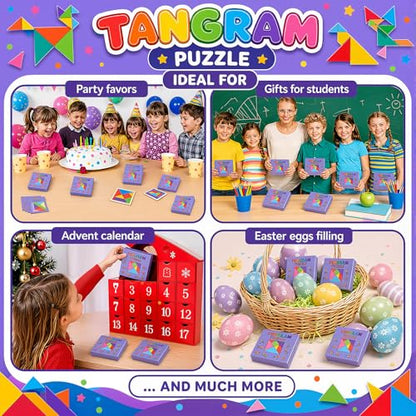 Dunzoom 50 Pack Wooden Tangram Puzzle for Kids, Bulk Party Favors and Classroom Rewards, Stem Learning Jigsaw Games, Educational Brain Teaser Toys, Goodie Stuffers for Ages 4-8 (Pastel Pink Purple) - color: Pastel Pink Purple