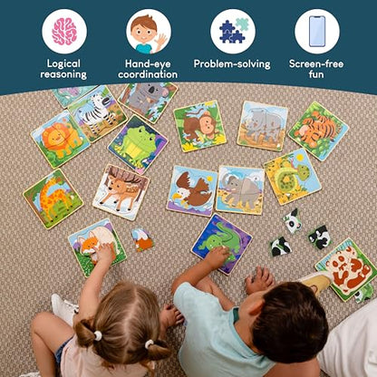 BONNYCO 4 Pieces Wooden Puzzles Pack 16 Party Favors for Kids 1 to 5. Birthday Goodie Bags Stuffers, Valentines Gifts for Toddlers Ideas, School Classroom Prizes and Baby Bulk Toys