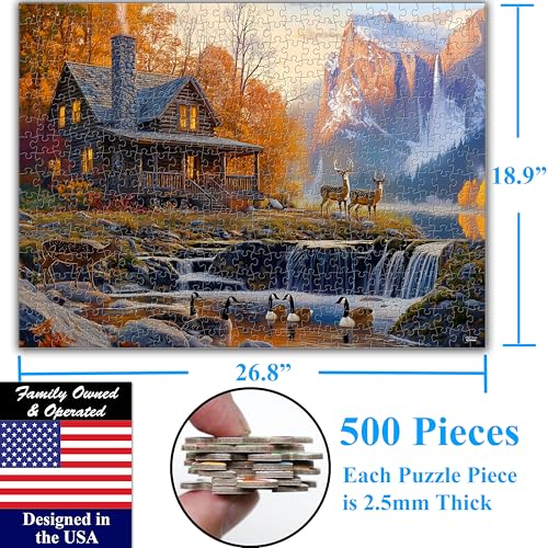 Think2Master Cabin by the Falls 500 Pieces Large Format Jigsaw Puzzle: 13+, Teens, Adults & Families. Scenic Autumn Mountain Landscape with Log Cabin, Waterfall. Great Gift. Size: 26.8” X 18.9” - style: Cabin by the Falls