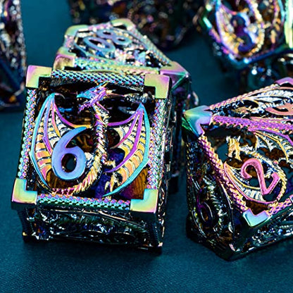 ARUOHHA Hollow DND Metal Dice Set Rainbow Dragons D and D Dice, RPG Role Playing Games Dungeons Polyhedral Dice with Gift Box D20 D12 D10 D8 D6 D4 - color: Colorful