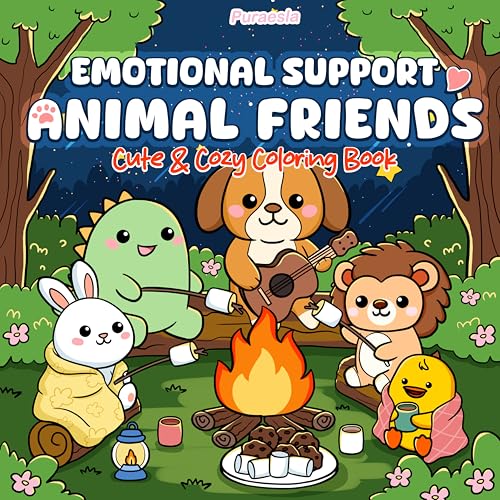Emotional Support Animal Friends Coloring Book by Puraesla - Cozy Relaxing for Adults & Kids, Cute Animals for Stress Relief, Happiness & Mindfulness, Anxiety Relief Item for Friends, Chill