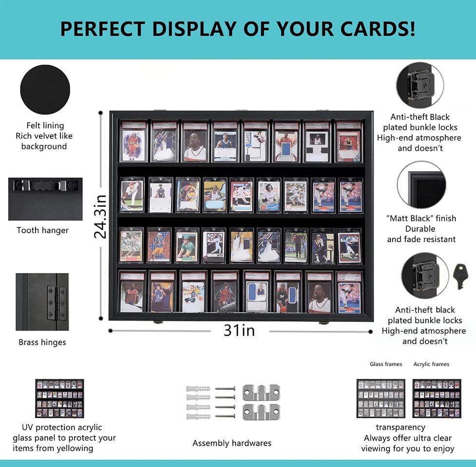 VERANI 36 Graded Sports Baseball Card Display Case Wall Mount Black | Lockable Trading Card Wall Cabinet,98% UV Block Acrylic Panel,Premium Wood Frame,Vertical Wall Mount Only - size: Large-Horizontal-Black-BlackLock